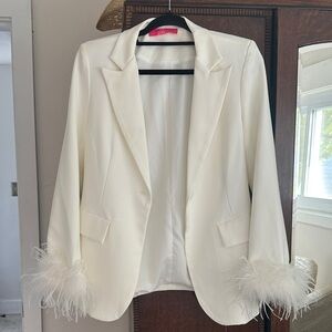 White Feather-Trimmed Blazer and Pant